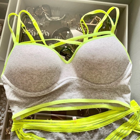 VS Heather Grey Neon Yellow Green Strappy Push-Up Padded Bralette Panty Set - Picture 4 of 14